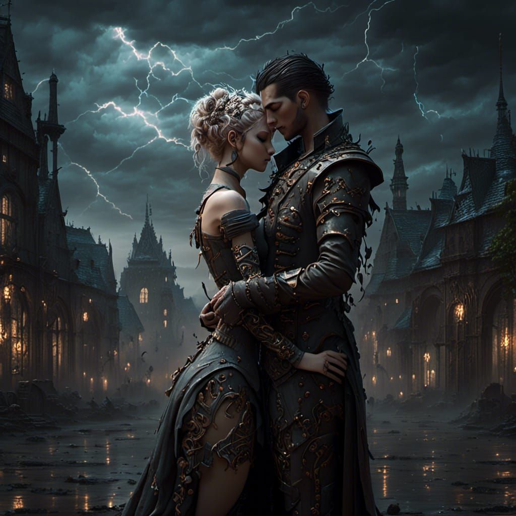 Gothic Couple Embrace in Steampunk Pyrography Style