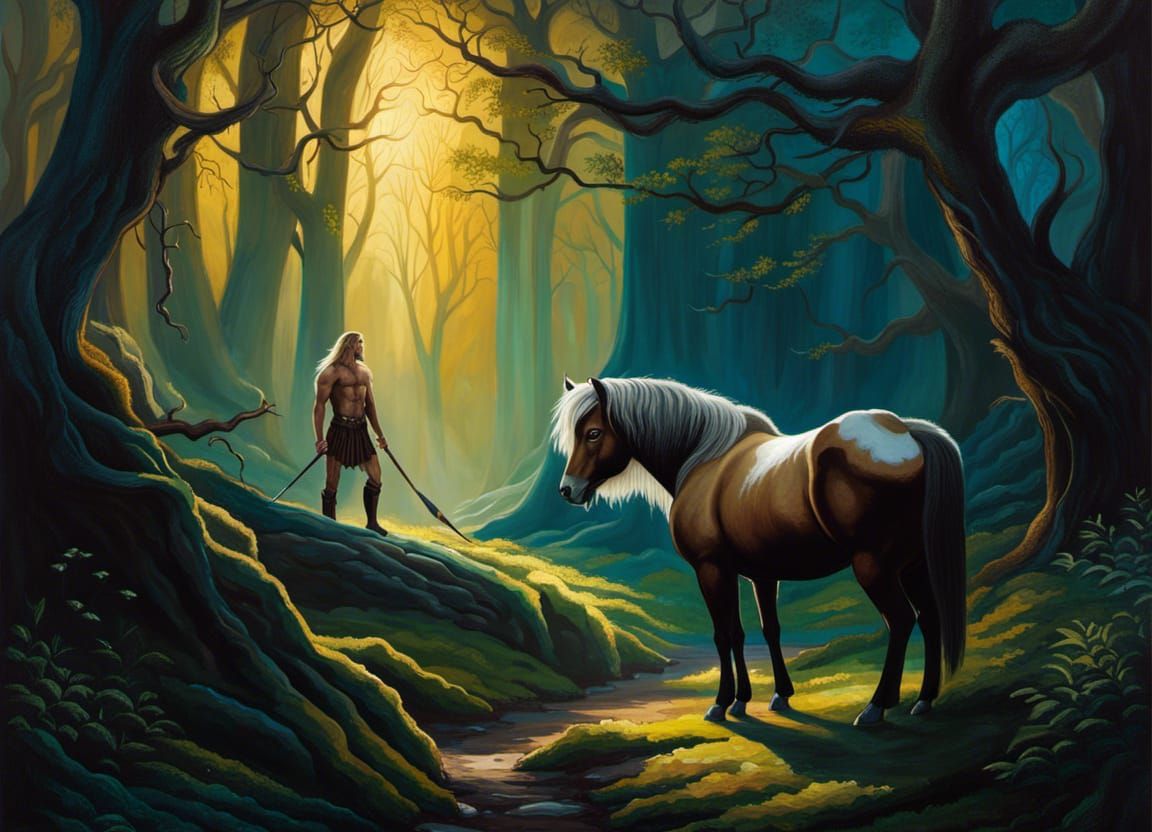 Male Centaur in Woodland Glade, Dark Fantasy Art
