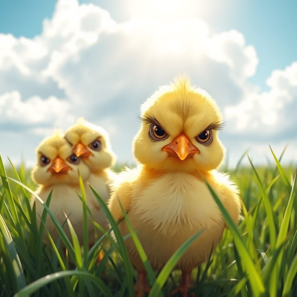 Chick with grumpy expressions, accompanied, surrounded by gr...