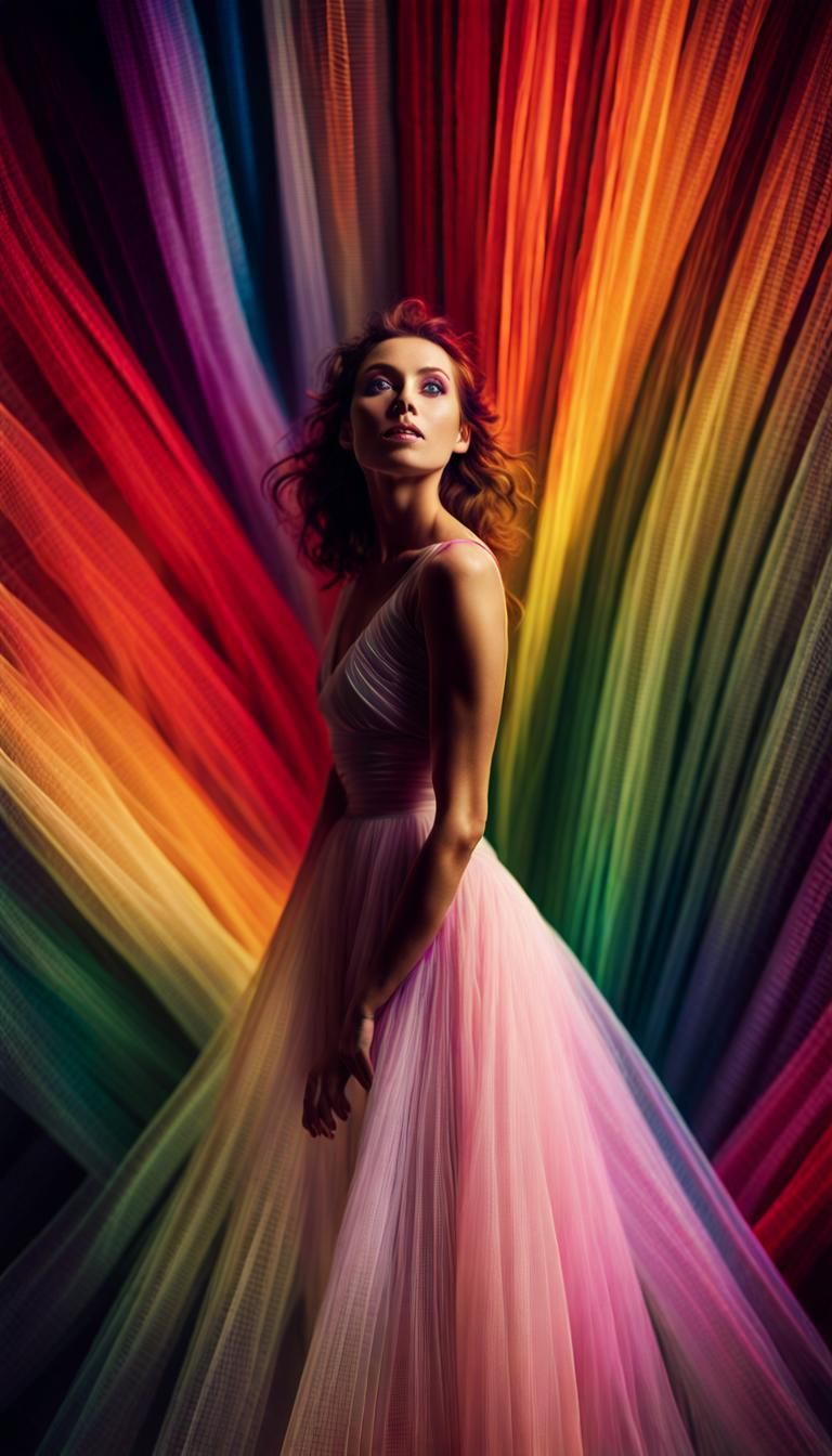 Rainbow Tulle Spiral with Woman, Cinematic Film Still