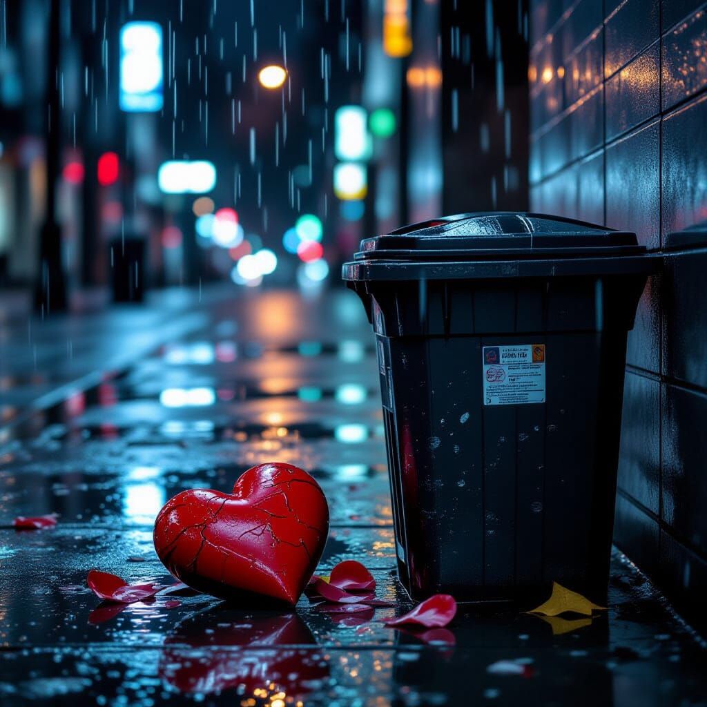 Shattered Heart Abandoned in Rain: Cinematic Still