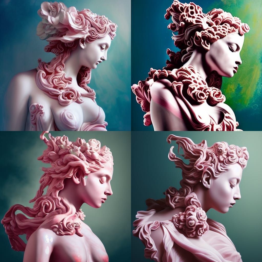 Greek Goddess, rococo dress, covered in pink poured resin pour paint splattered on sculpture, floral, artstation, artger...