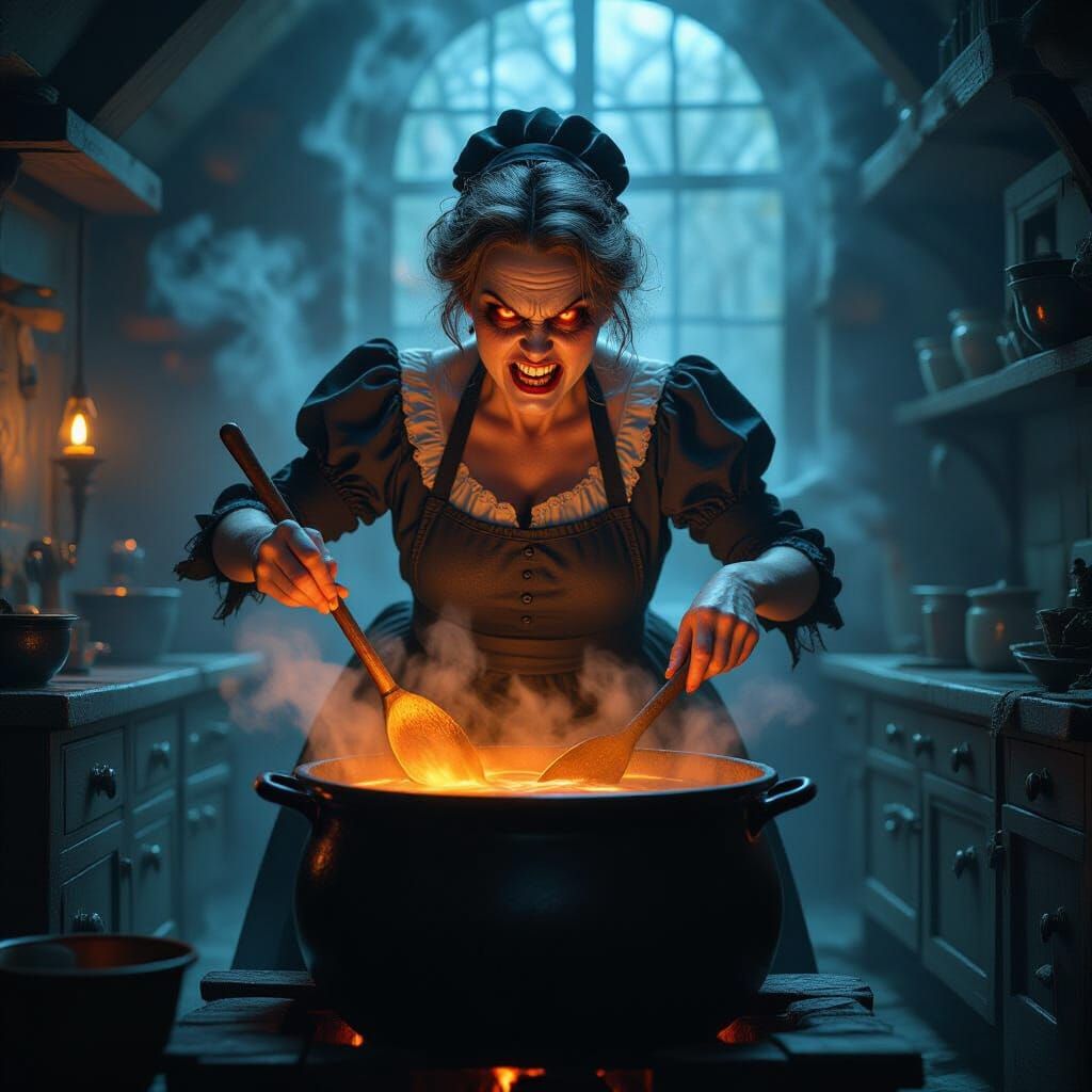 Ethereal Kitchen Scene with Grotesque Woman