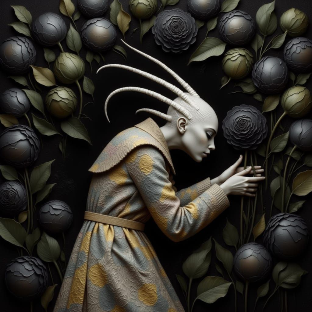 Earthy Trilobite Creature with Tulips in Mixed Media Style