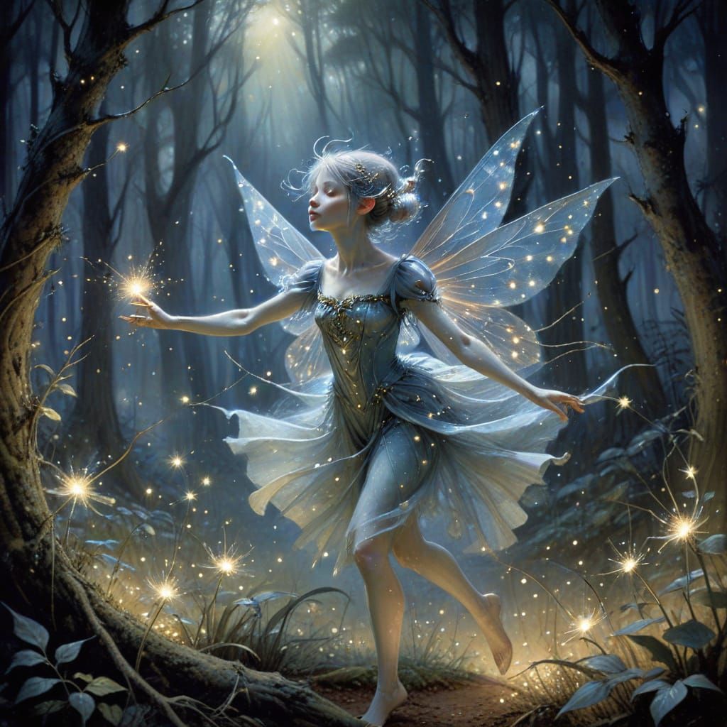 Pixie Dances in Moonlit Forest: Fantasy Art