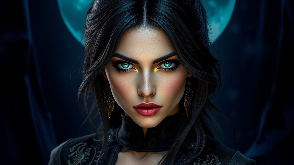 Scorpio Woman with Emerald Eyes in Dark Velvet