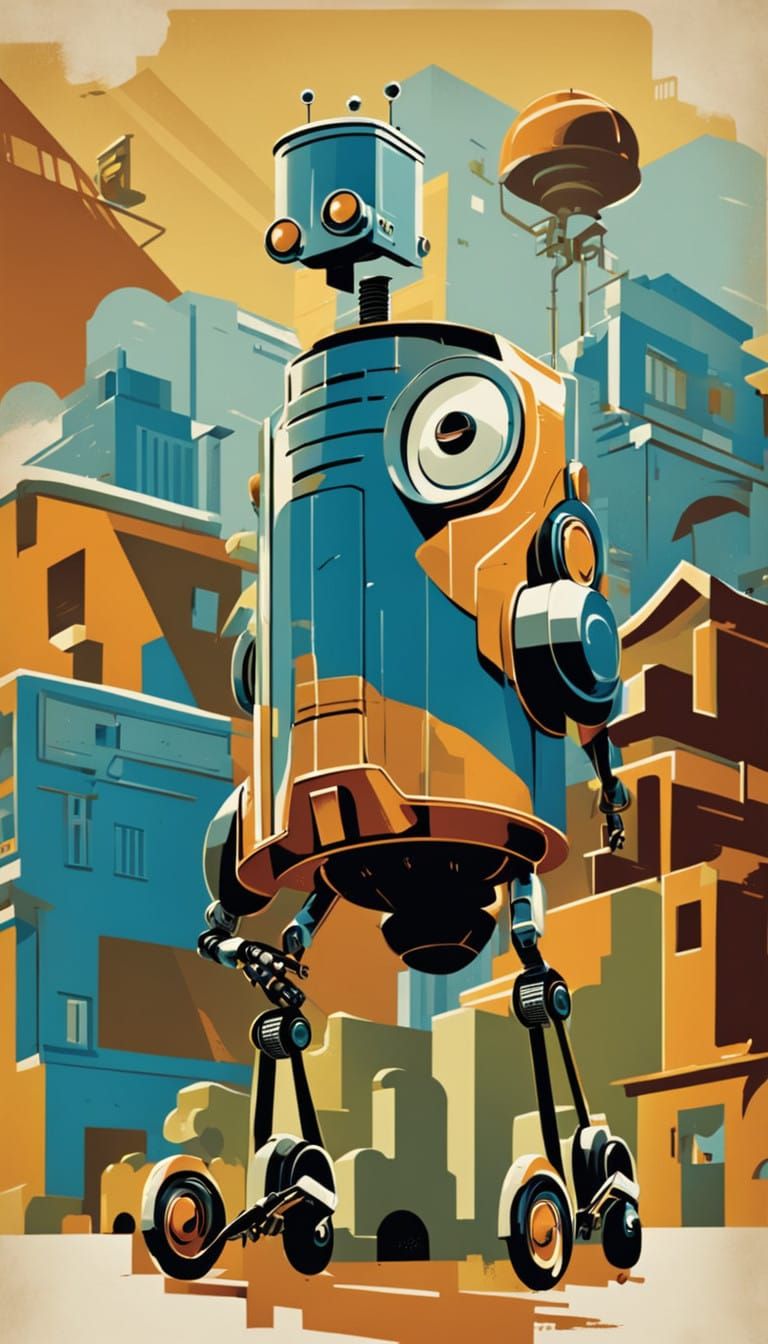 1930s Retro-Futuristic Robot Rushes Down Suburban Street