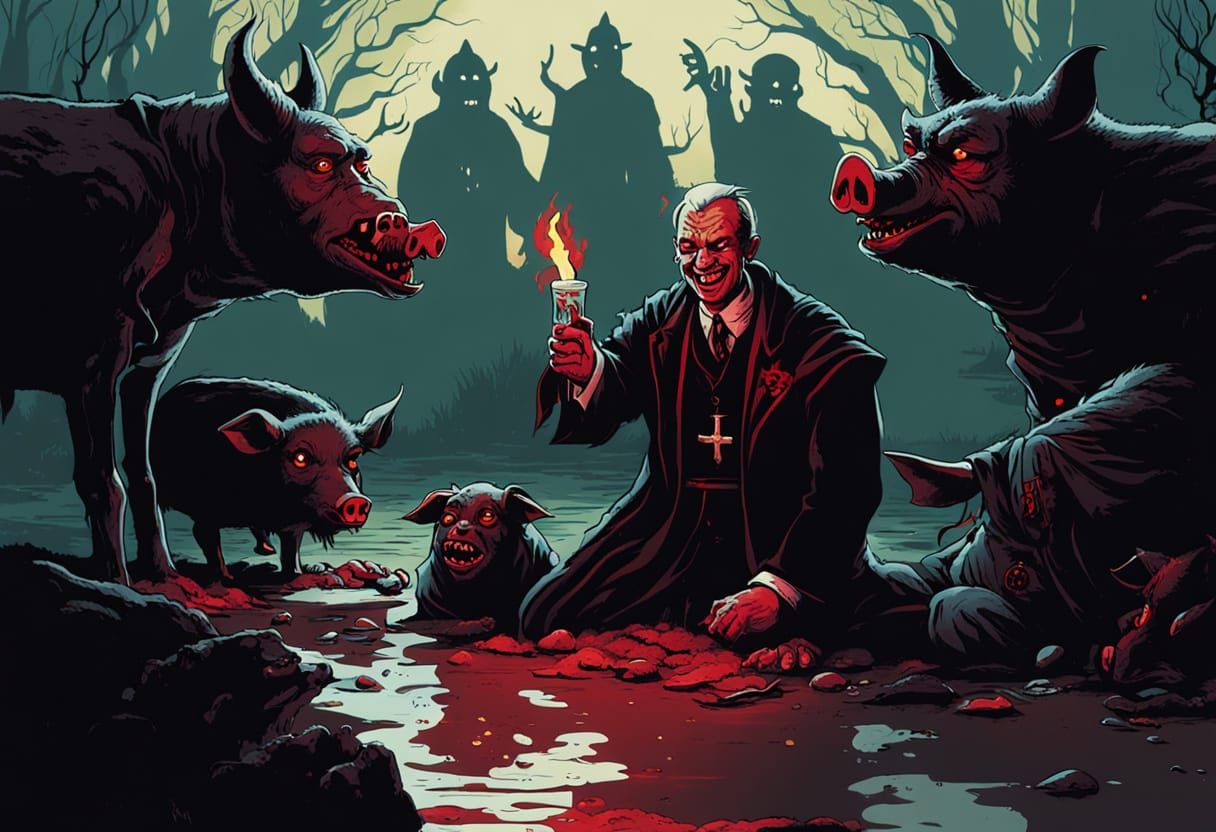 Dark Fantasy: Satan and Priest with Fallen Pigs