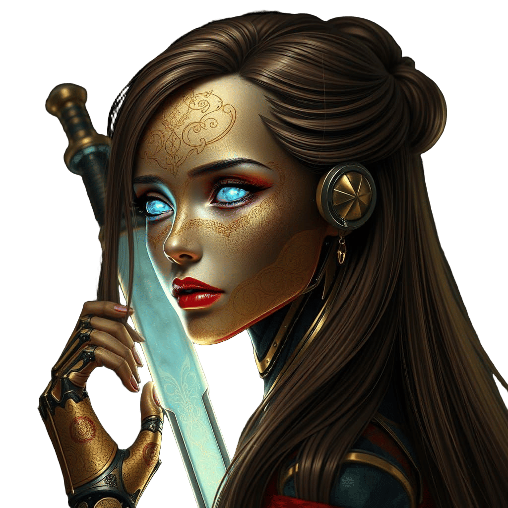 Dynamic Gold Robot Geisha Warrior with Glowing Sword