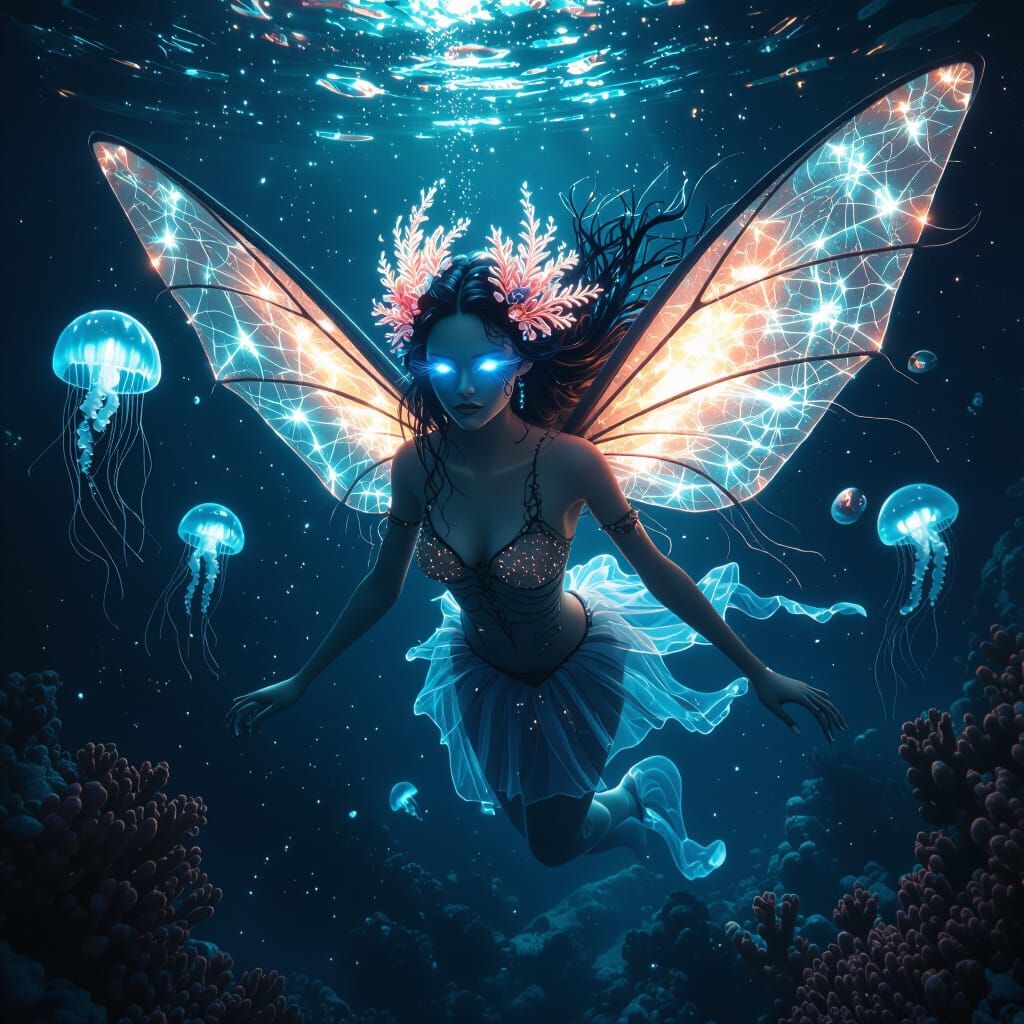 Bioluminescent Sea Fairy in Dark Ocean Trench