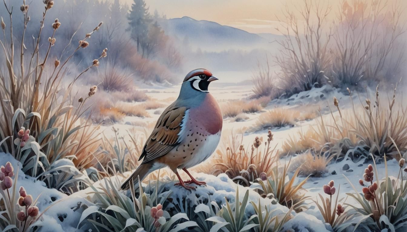 Chukar Partridge in Snowy Landscape, Watercolor Painting