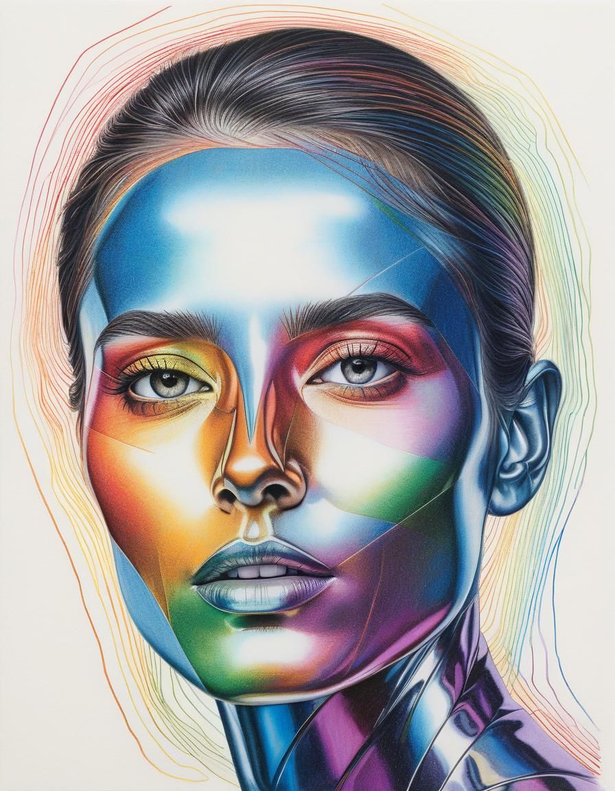 Chrome Woman: Minimalist Color Pencil Drawing