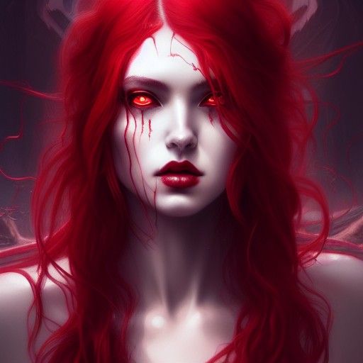 Blood-Red Haired Demon Goddess in Hyper-Realistic Style