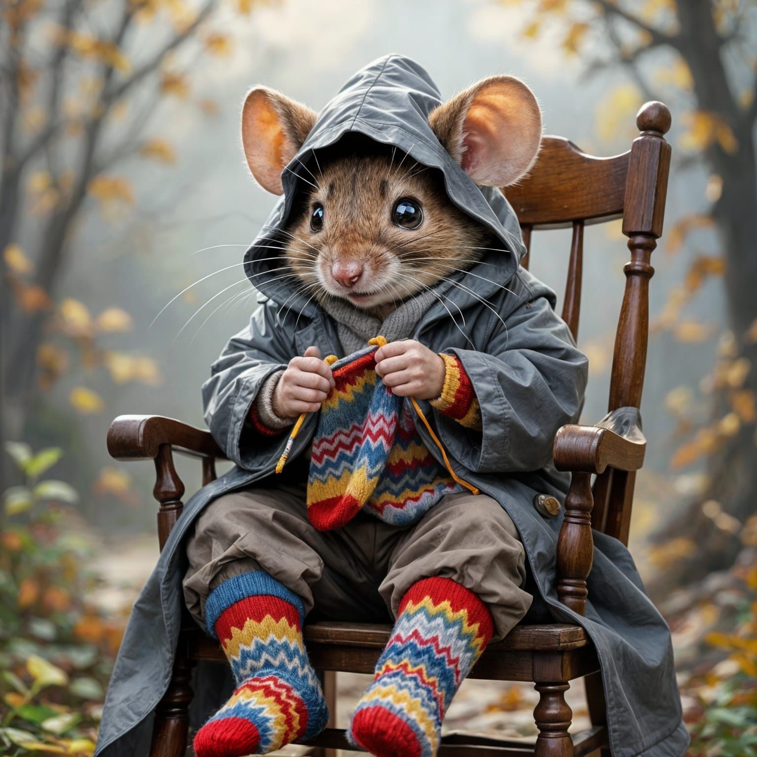 Anthropomorphic Mouse Deputy Knitting Socks in Fantasy Style