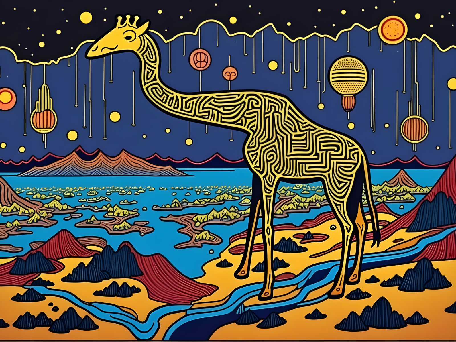 Giraffe Amidst Circuitry and Cosmic Elements