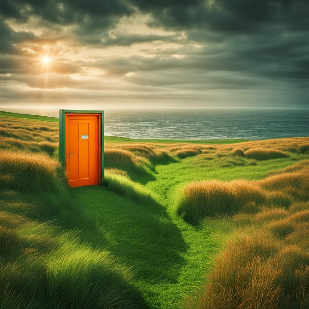 Hyperrealistic Glowing Door in Field Opens to Sea