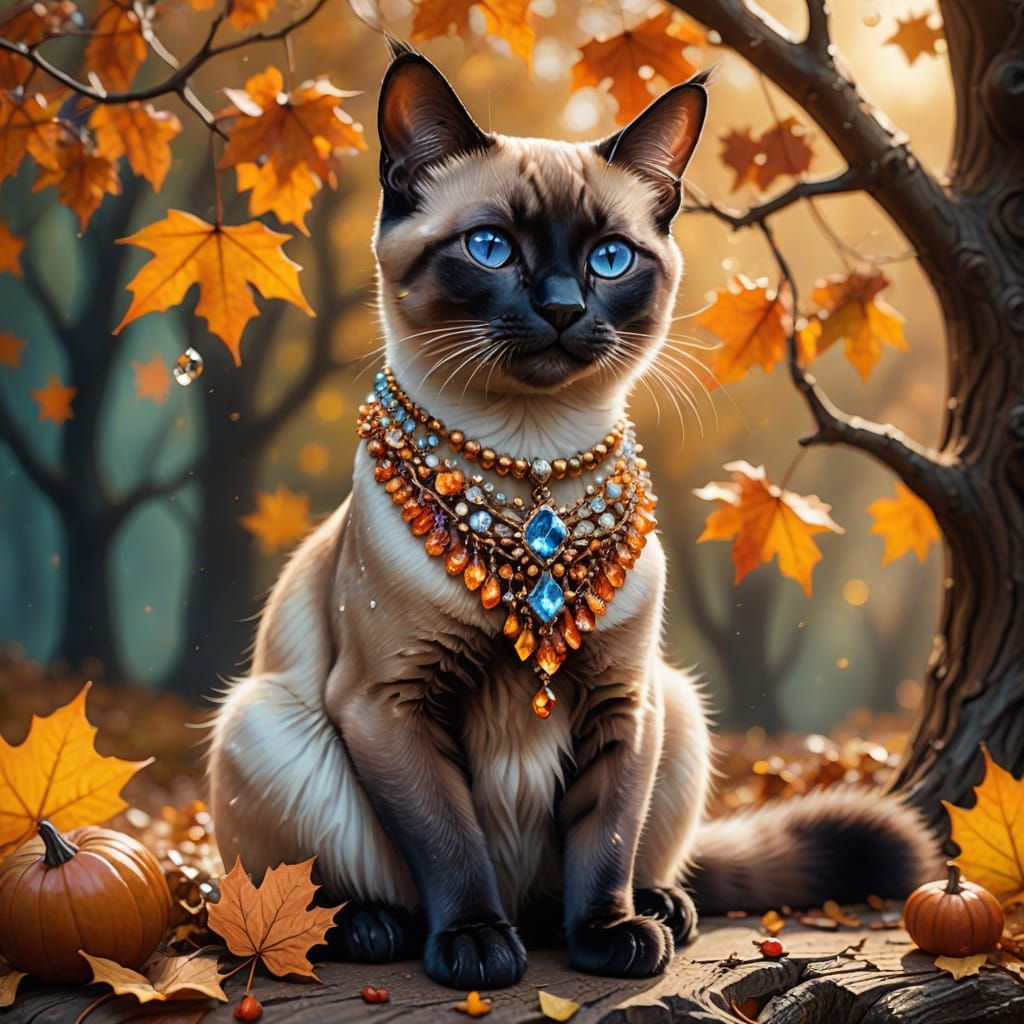 Autumn Siamese Cat with Crystals and Magical Necklace