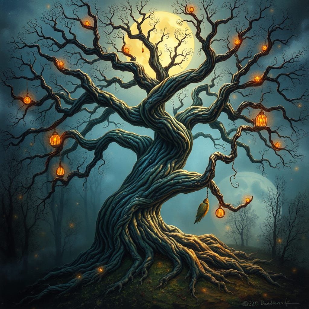 Mystical Moonlit Tree in Vibrant Ethereal Colors