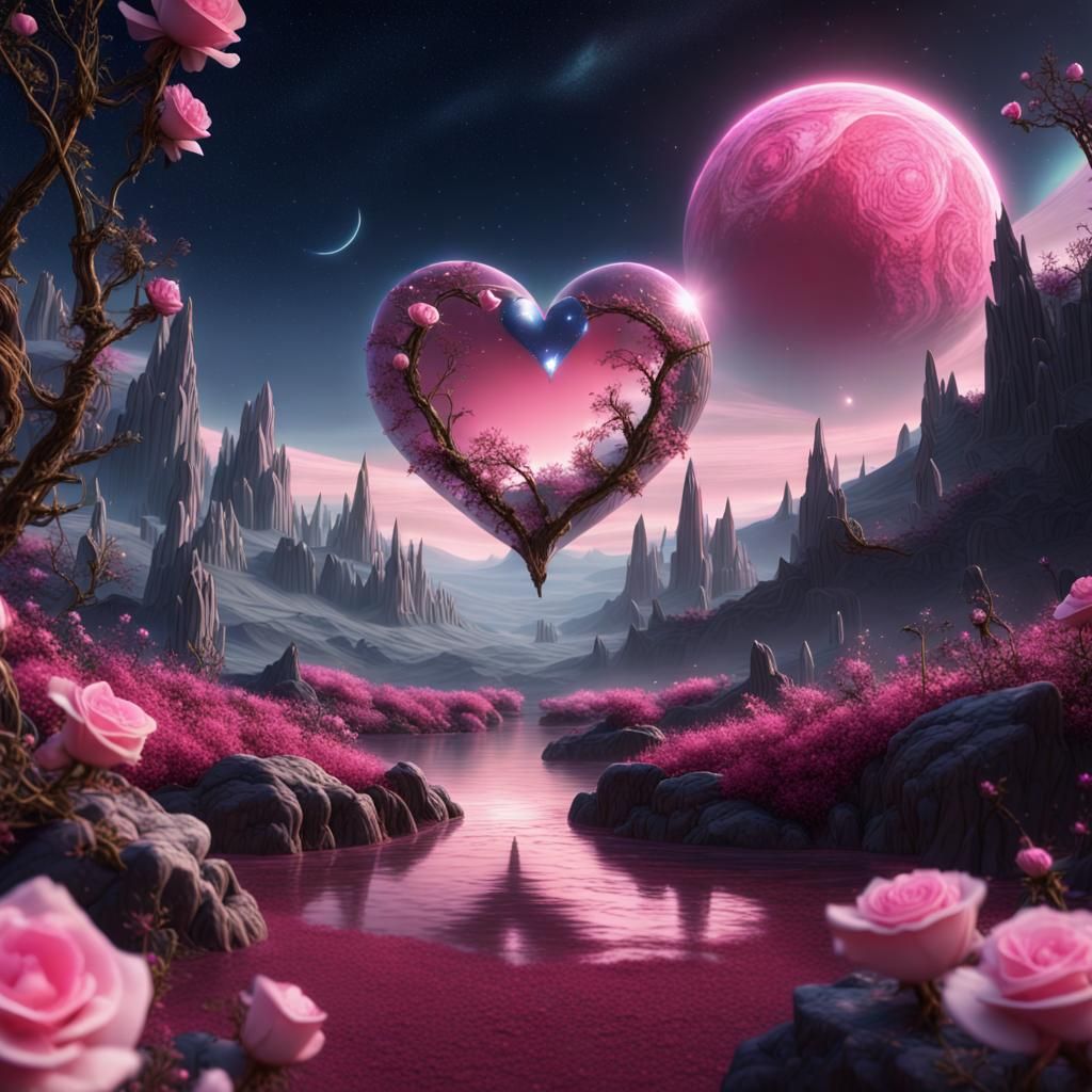 Crystal Rose Valley Under Starry Heart Sky
