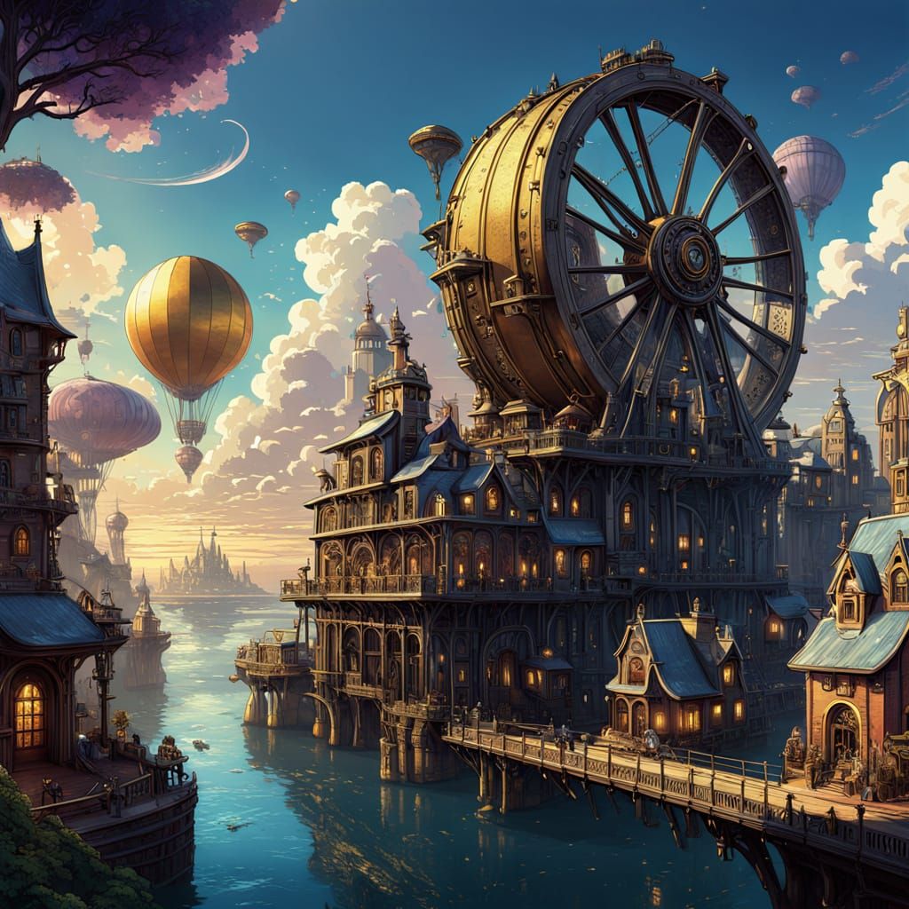 Steampunk Cityscape with Colossal Waterwheel and Airships