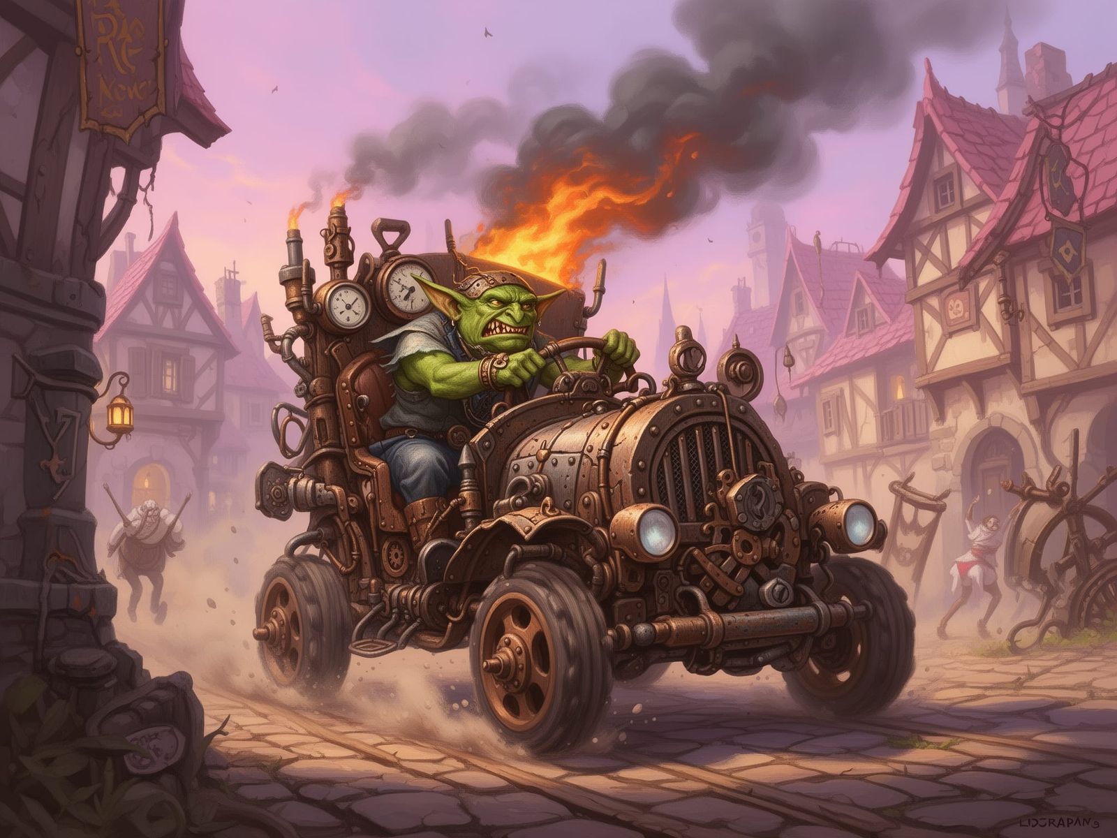Steampunk Goblin Drives Fiery Vehicle Through Village