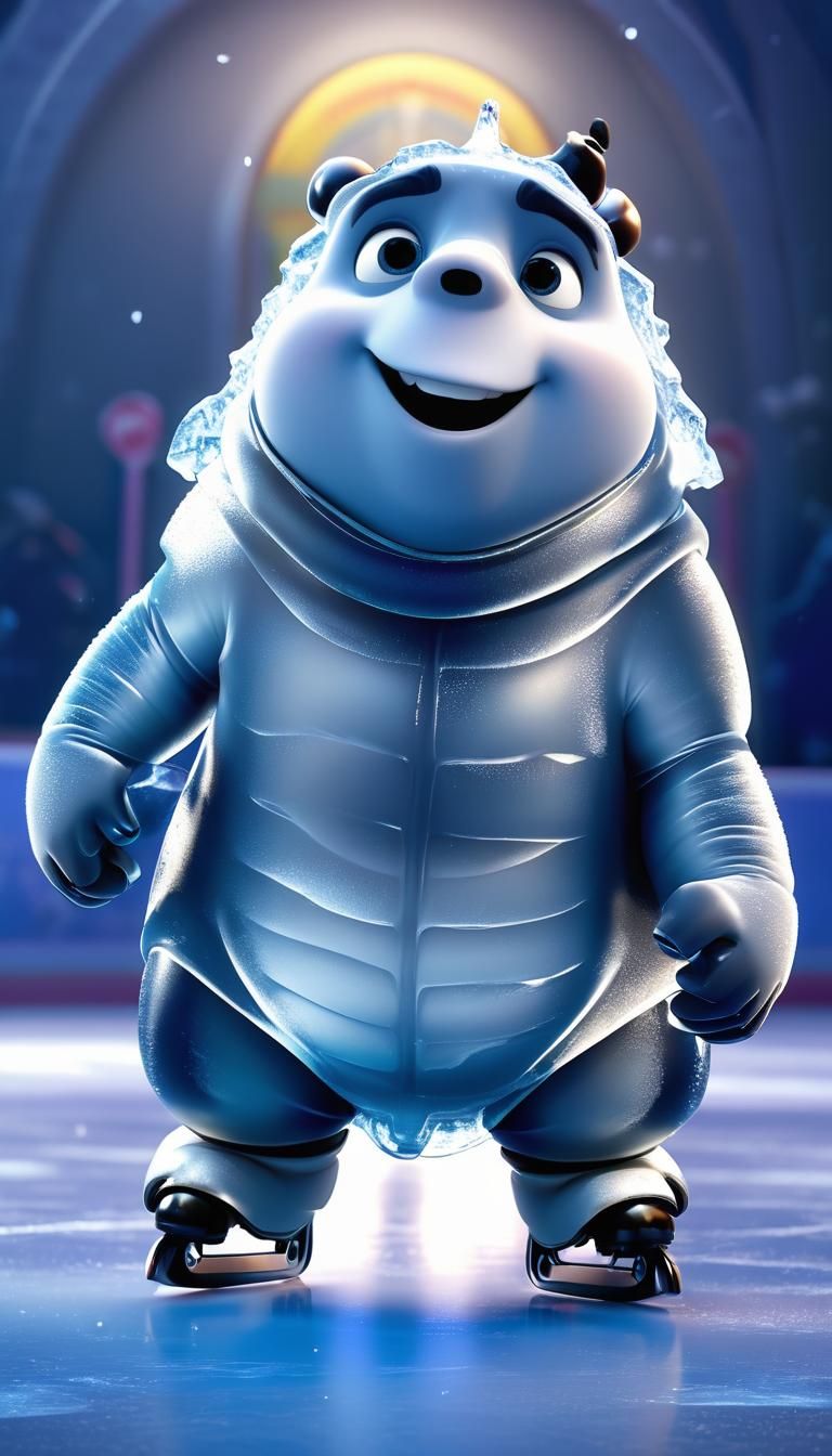 Pixar-Style Tardigrade Ice Skating on Frozen Rink