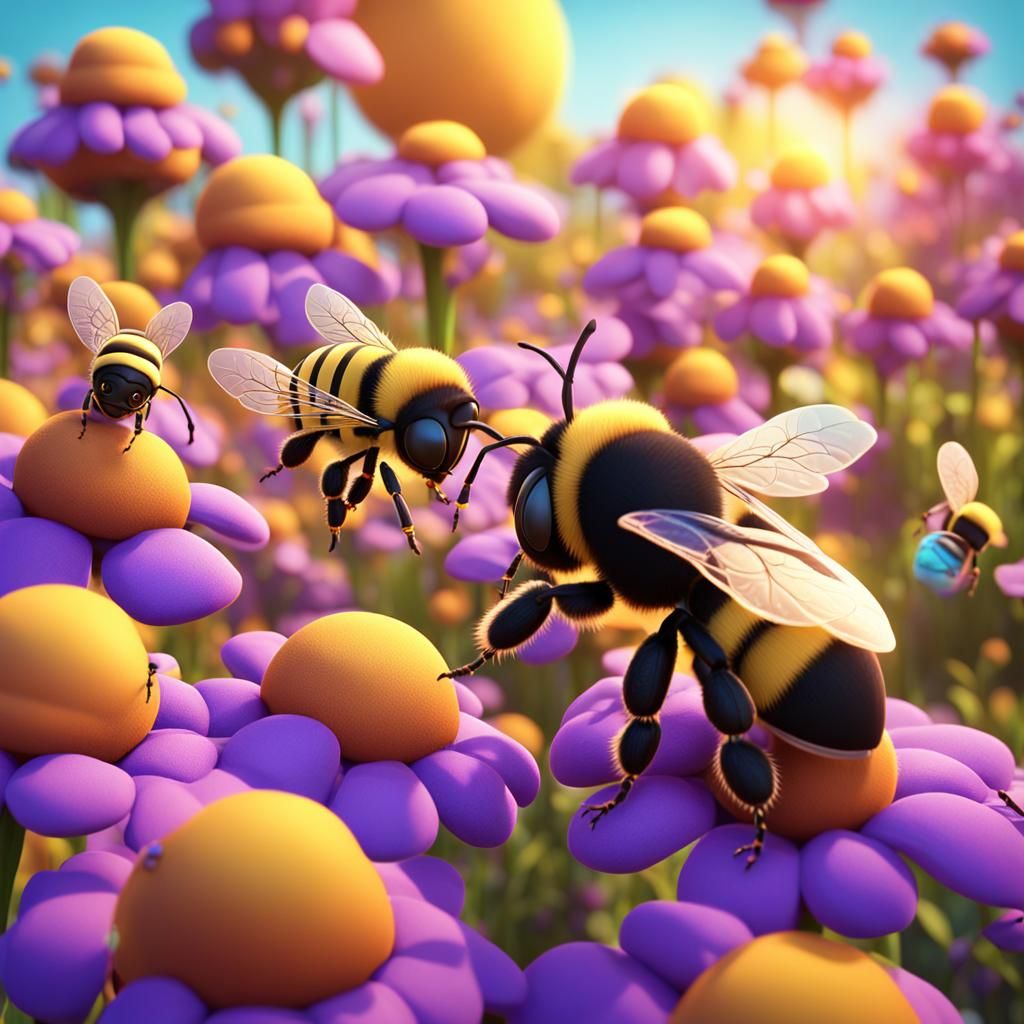 Busy Little Bees in 3D Digital Art Style