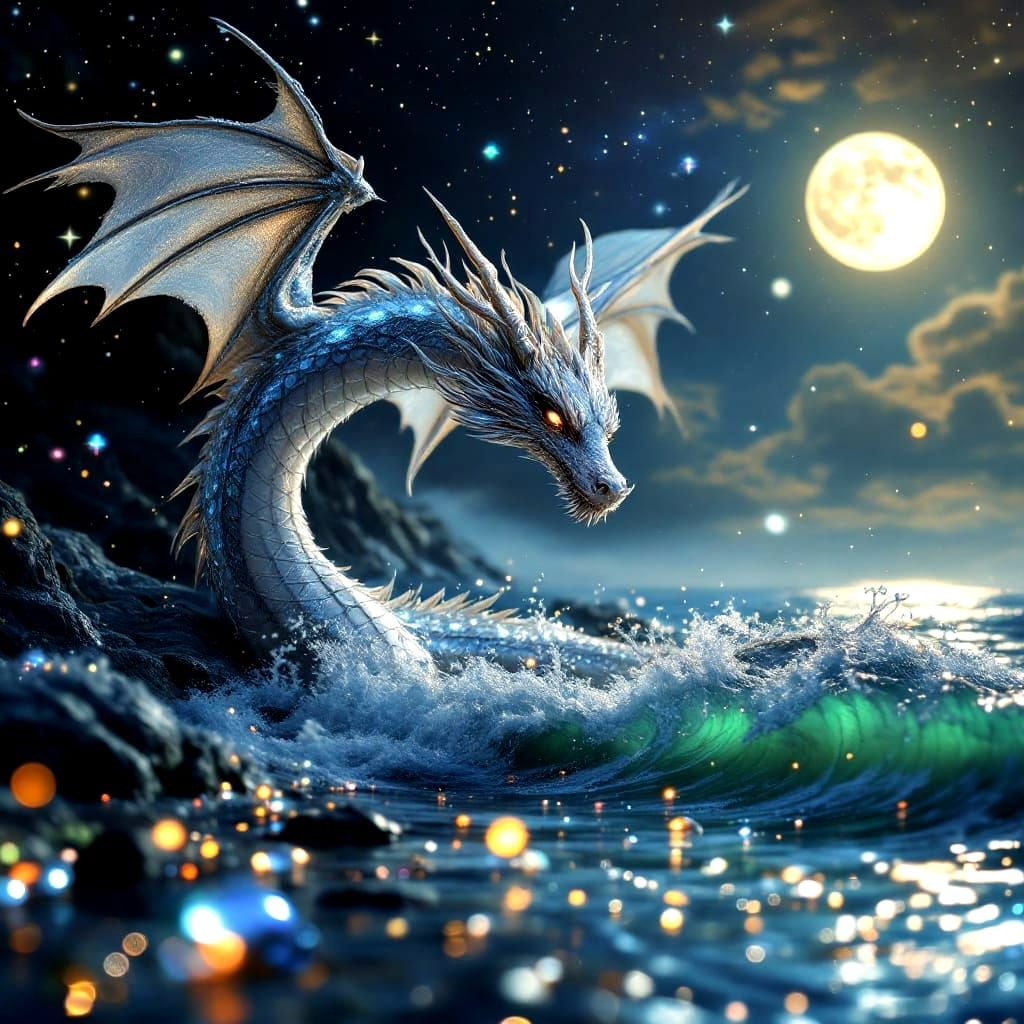 Friendly Silver Dragon Soars Over a Glittering Beach Landsca...
