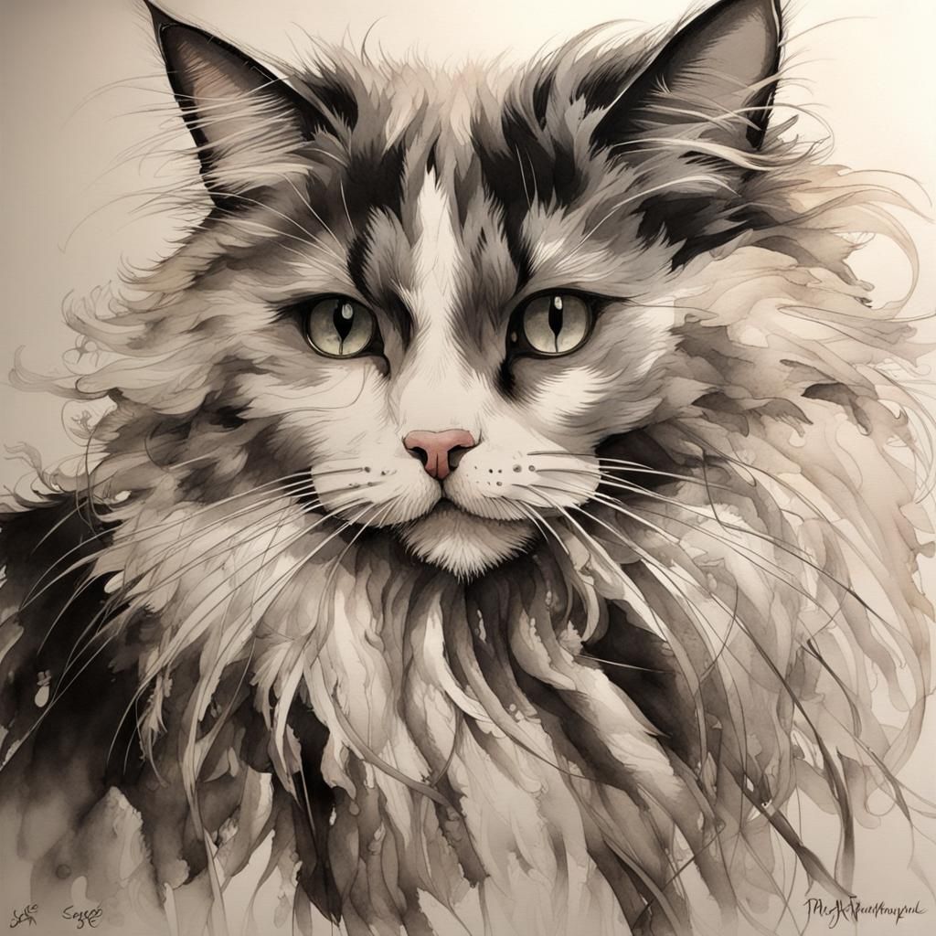 The art style of Serge Marshennikov and Art Nouveau, alcohol ink style, mixed media, beautiful black & white shaggy cat,...