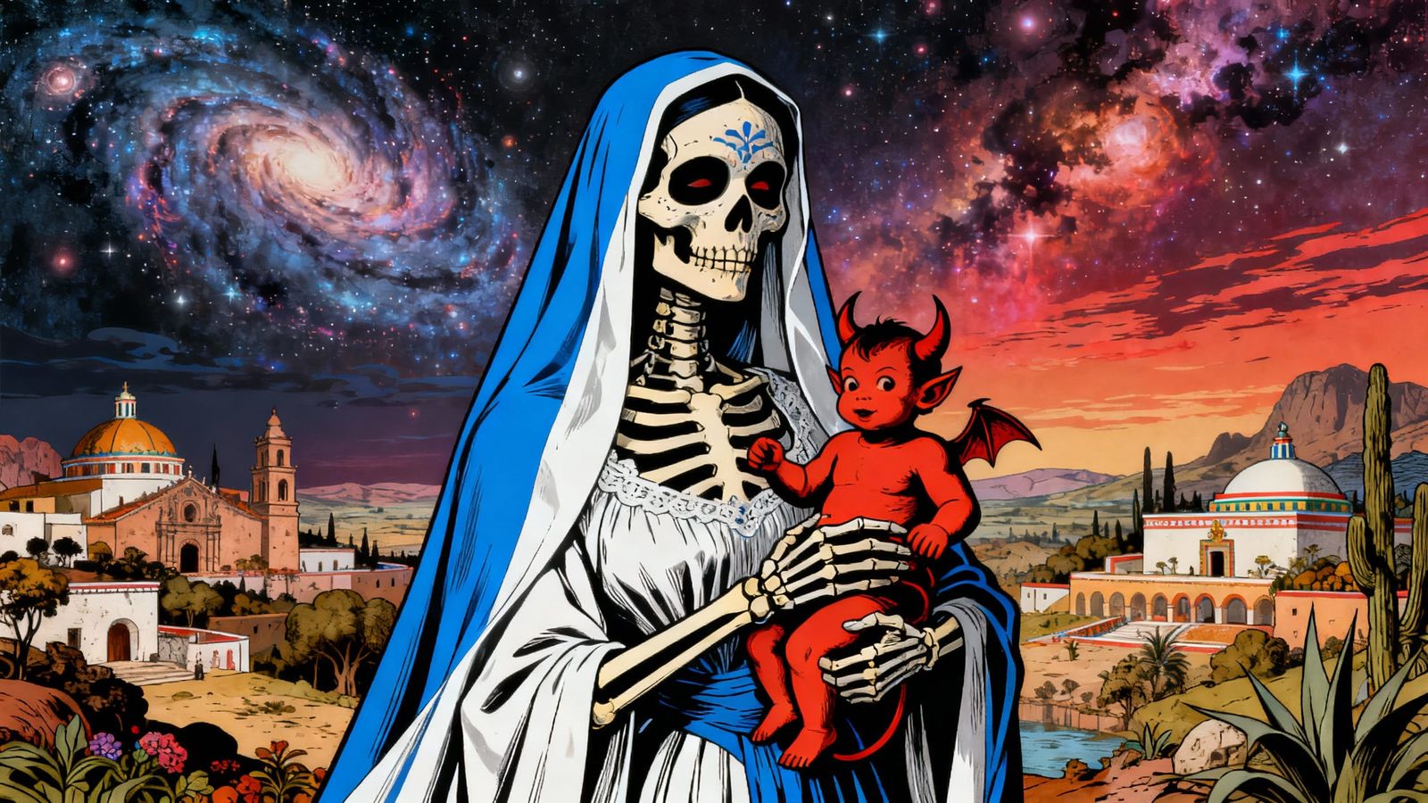 La Catrina in Surreal Mexican Landscape with Devil Baby
