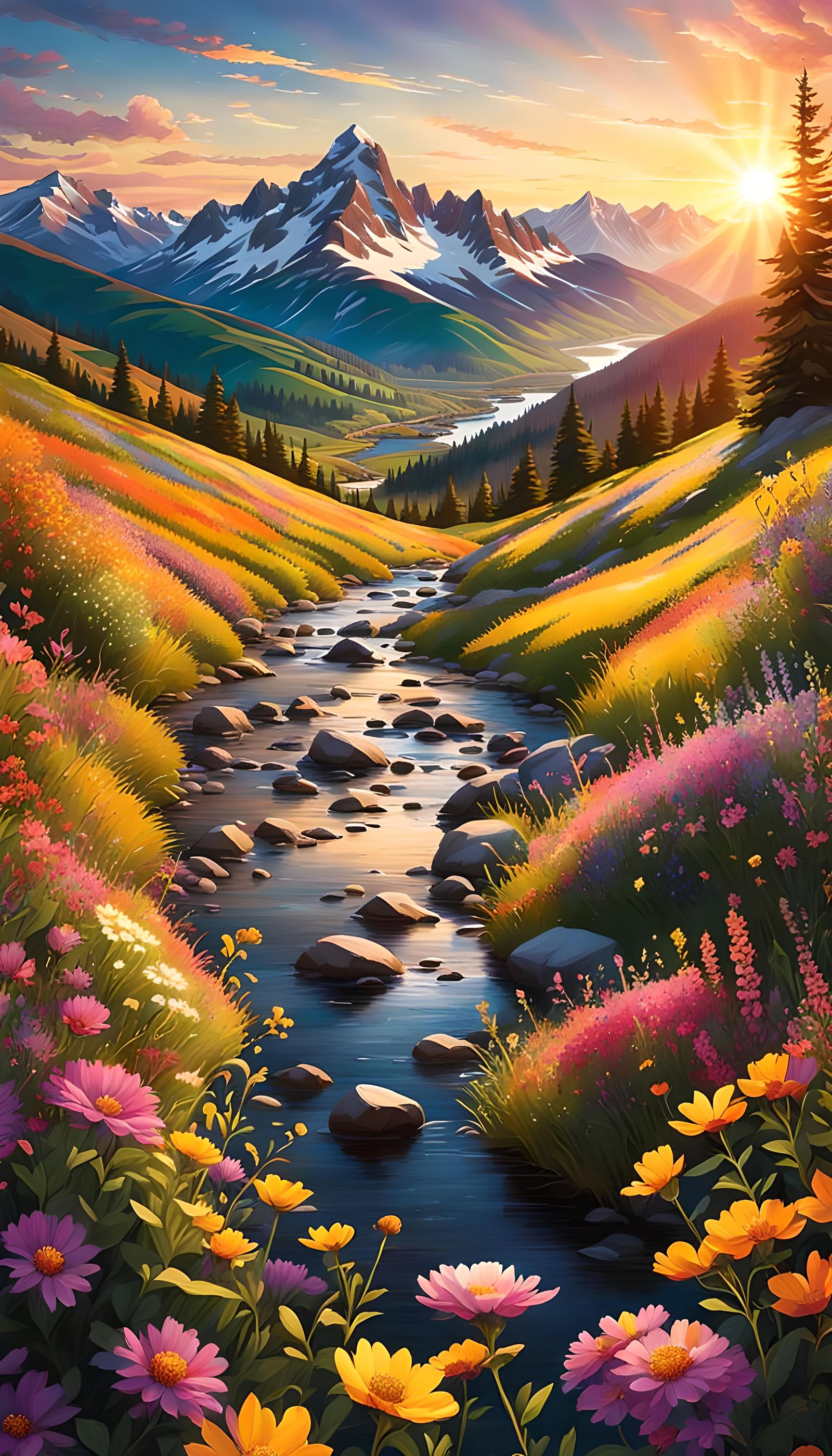 Golden Sunset Over Valley of Wildflowers