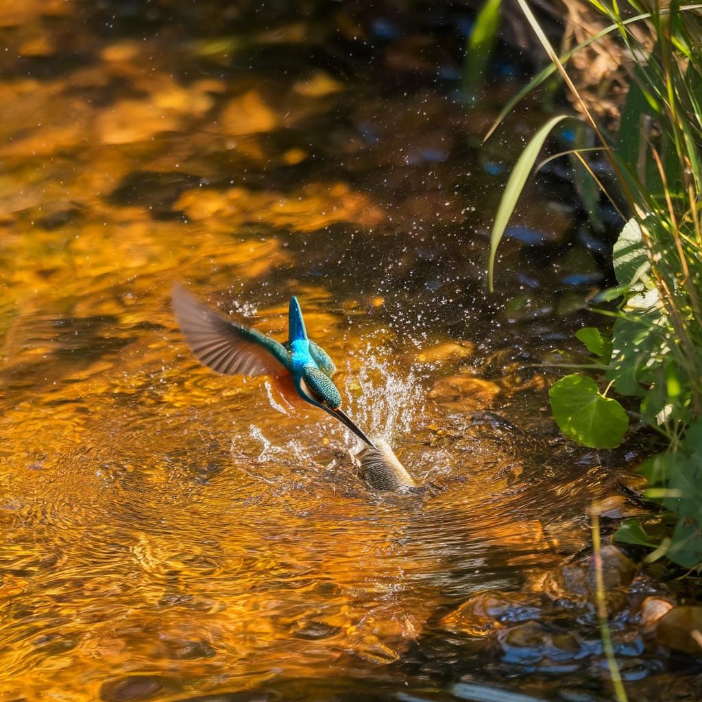 Kingfisher catching a trout