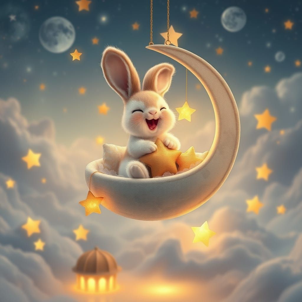 Joyful Bunny on Moon Cradle in Dreamlike Sky