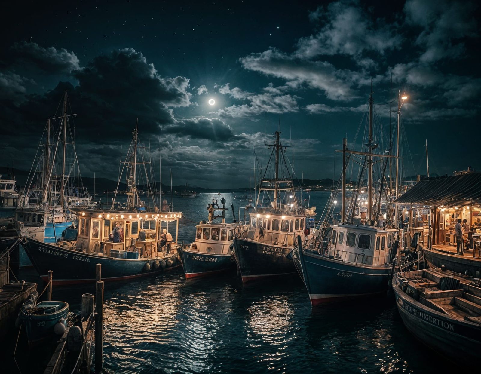 Moonlit Harbour Fish Market at Dusk