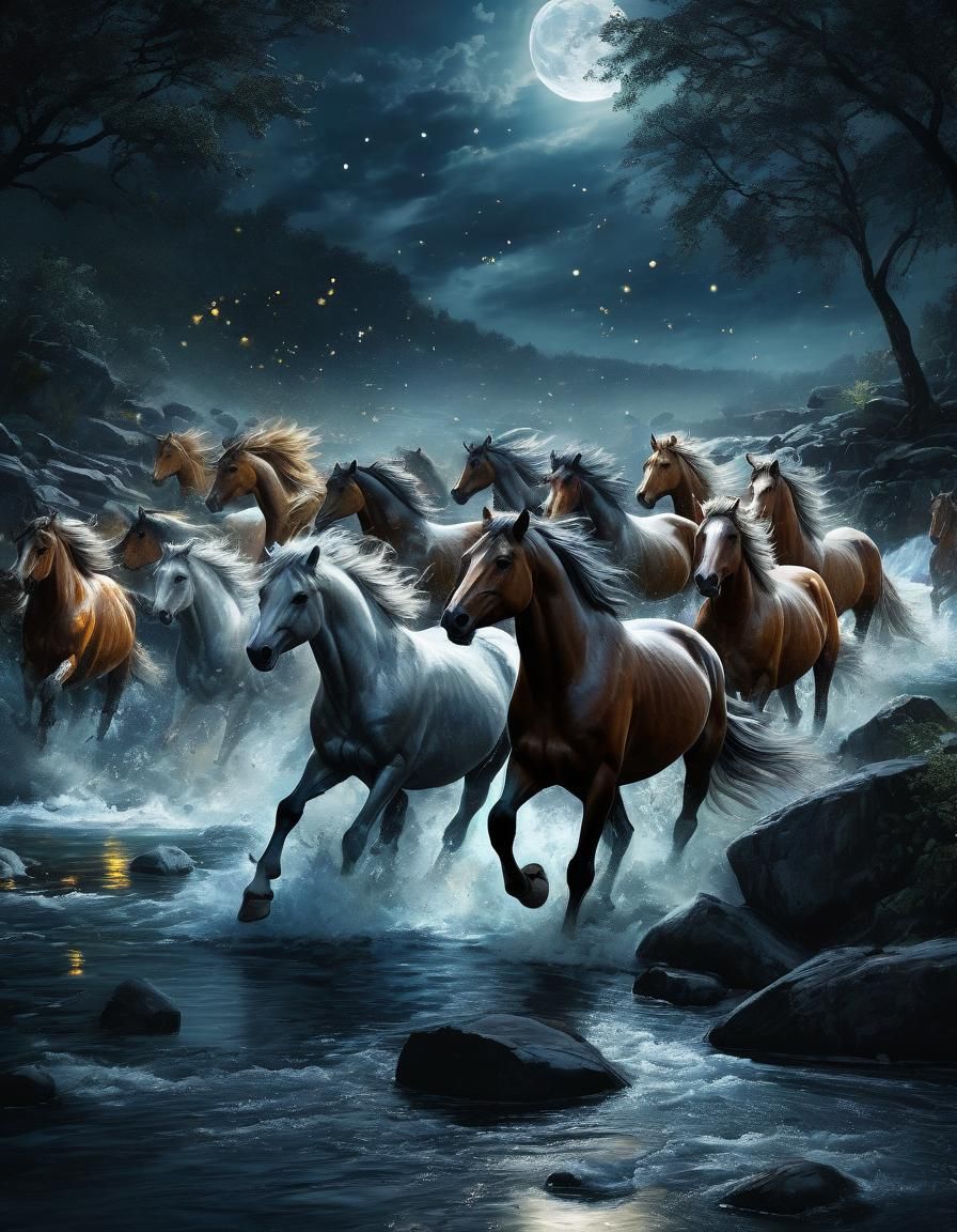 Horses Crossing Stormy River Under Moonlight