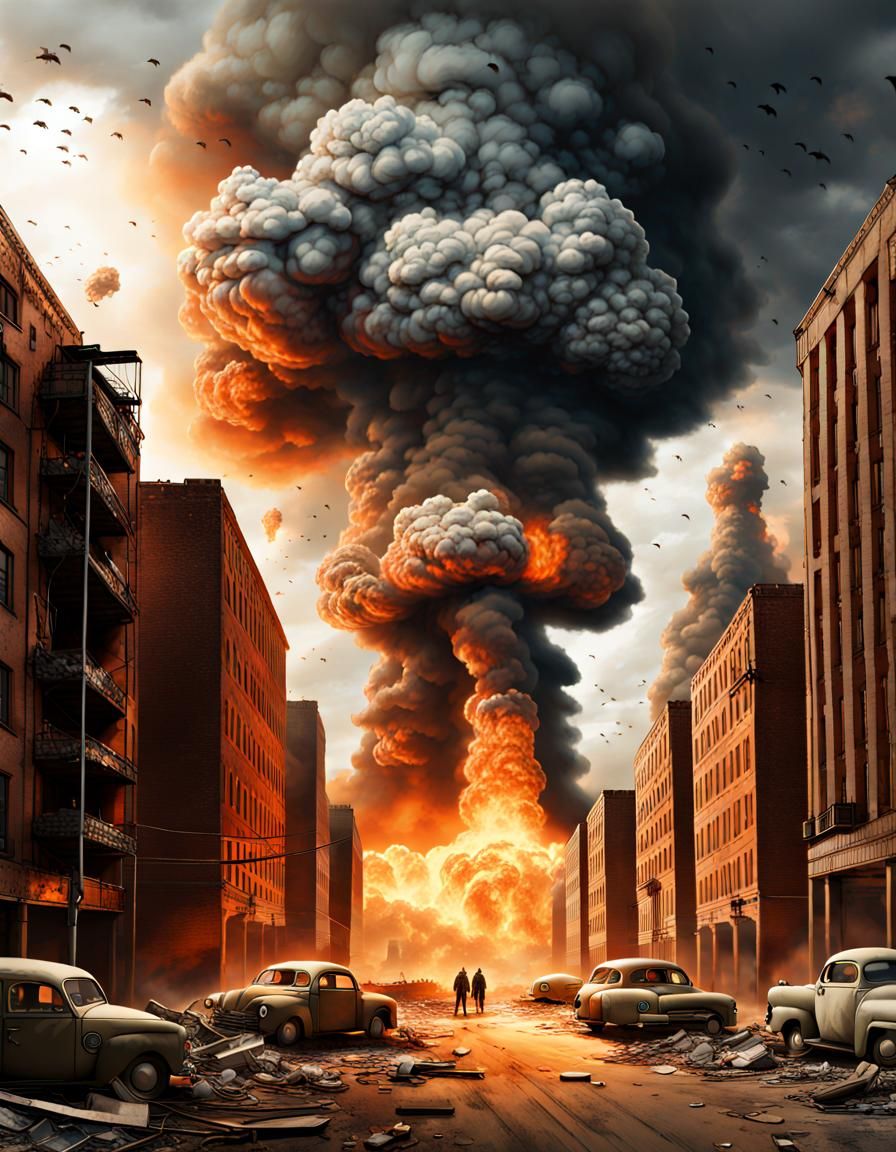 World War III Portrait: Burning Buildings and Explosions