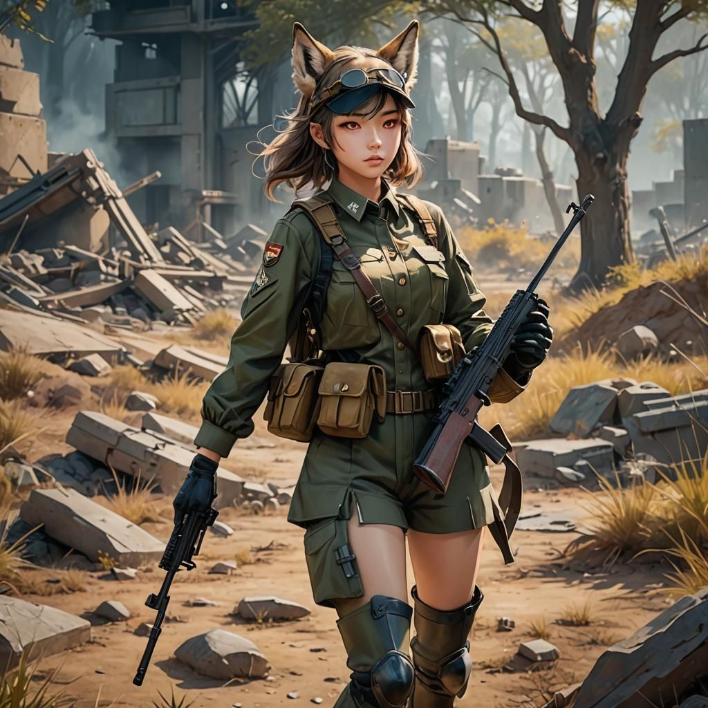 Anime Wolf Girl Soldier in Battlefield: Hyper-Realistic Digi...