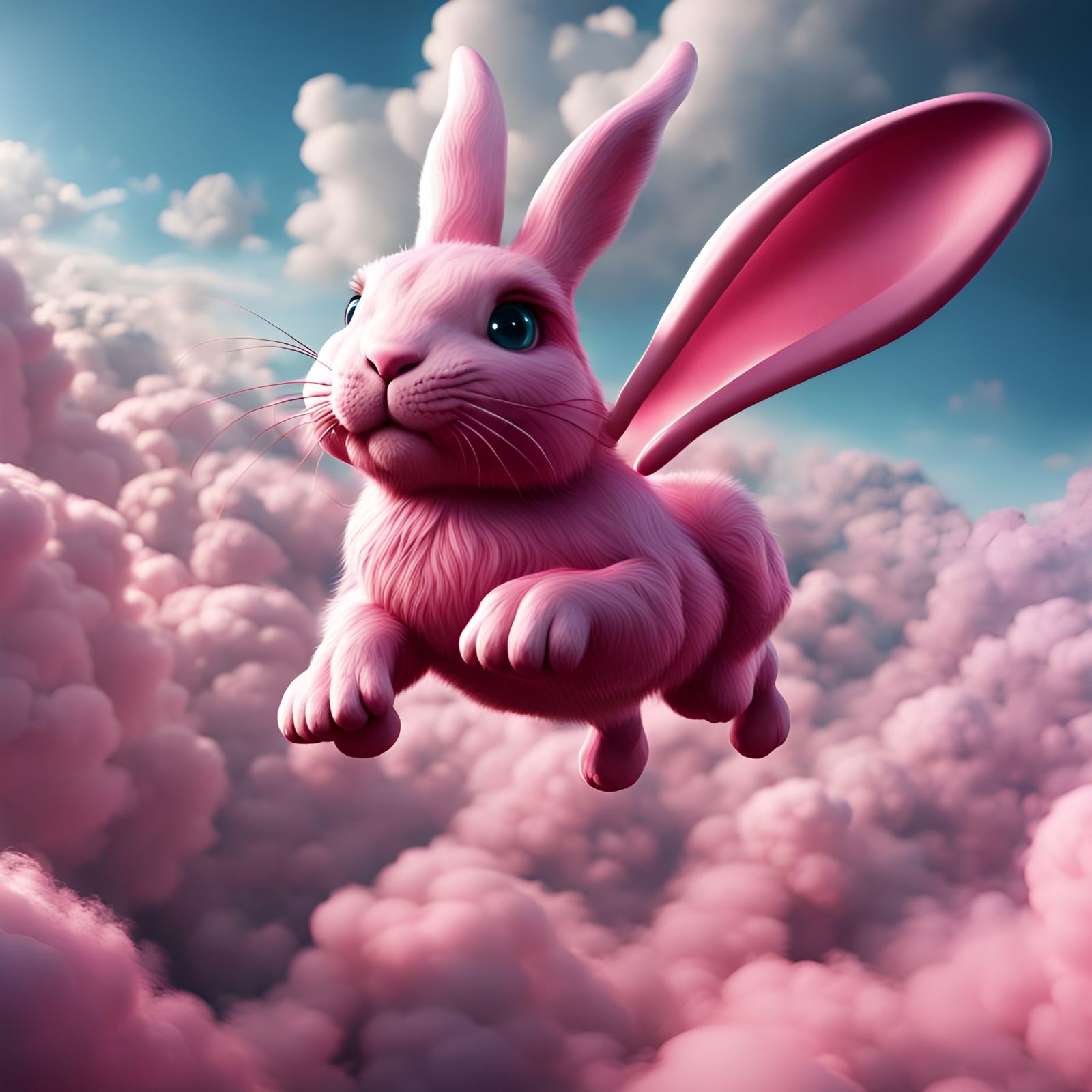 Pink Bunny Flying in Clouds: Fantasy Concept Art