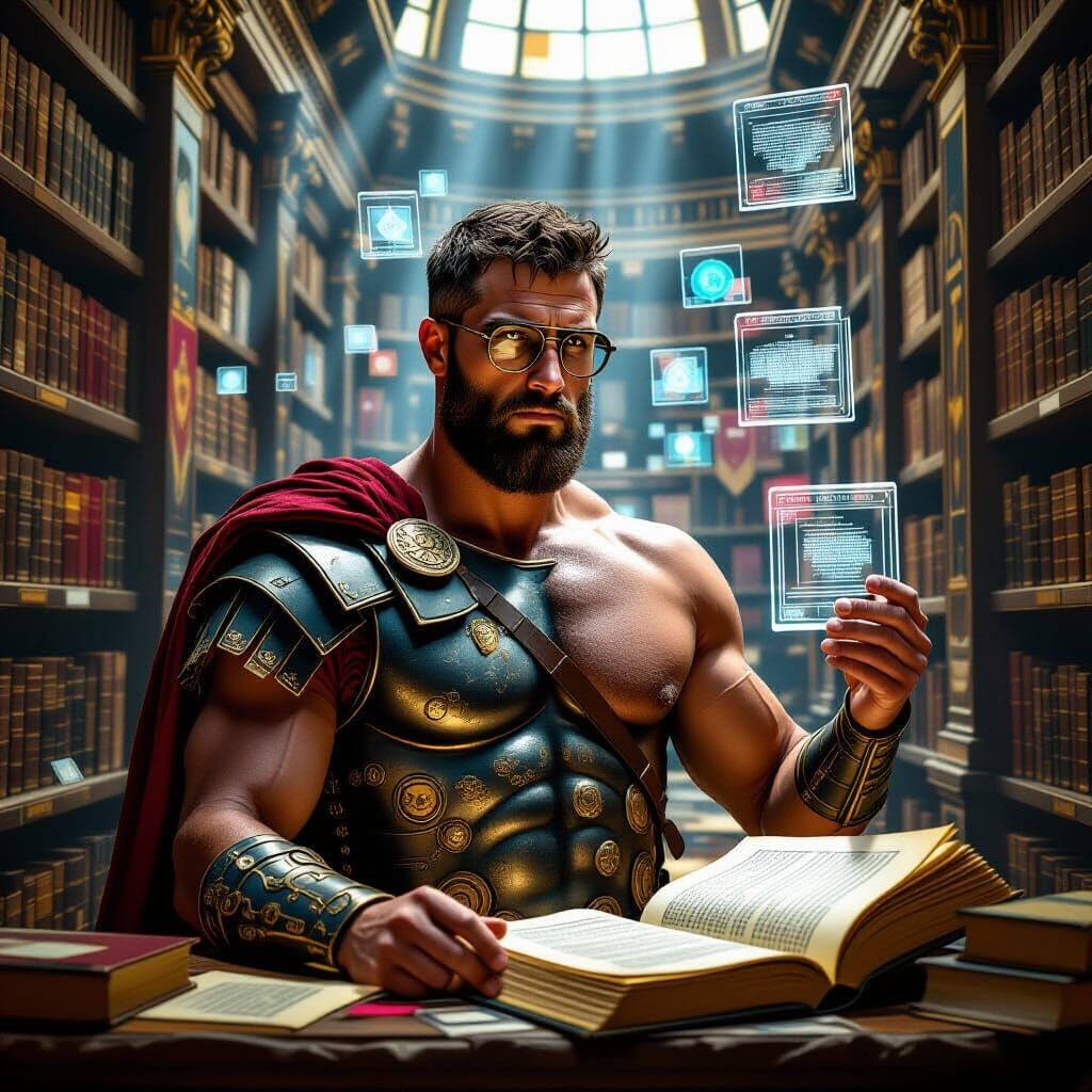 Gladiator in Futuristic Library, Renaissance Style
