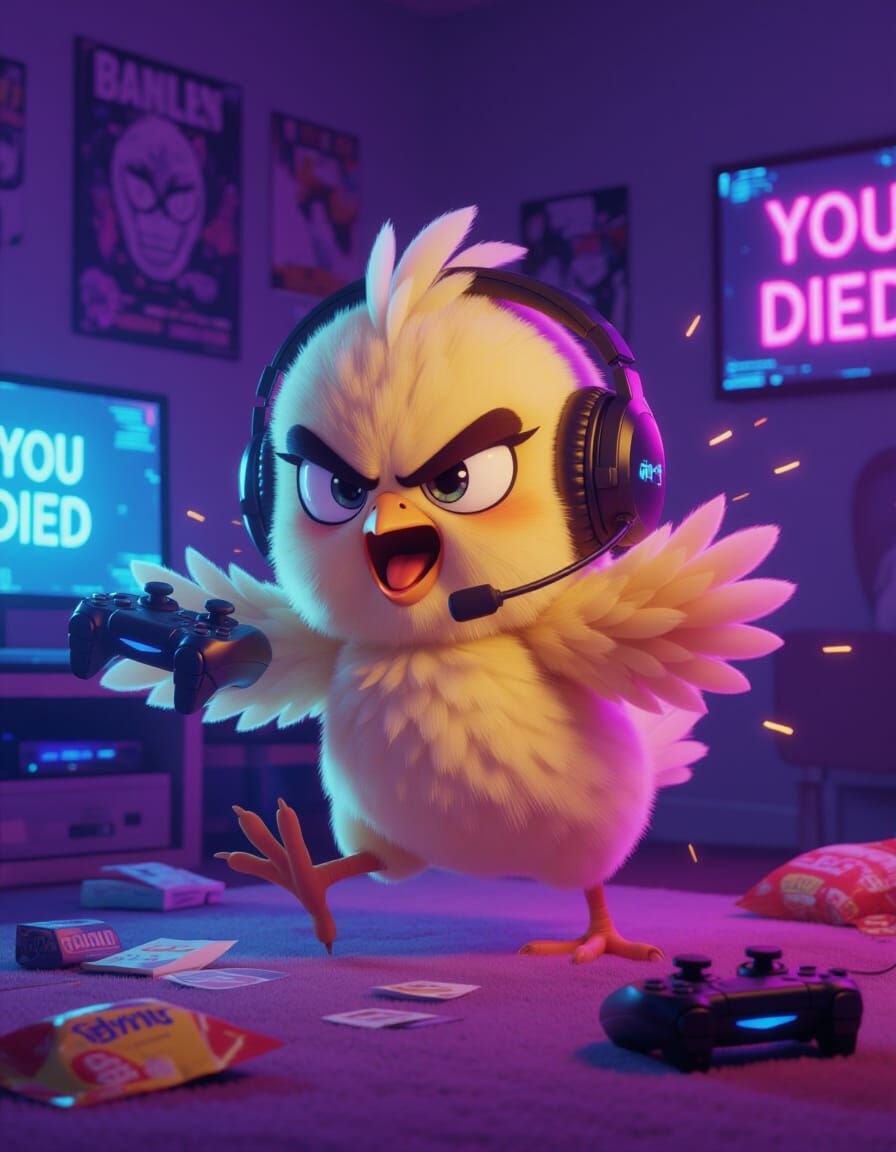 Cartoon Chick Gamer Rage Quit in Neon Bedroom