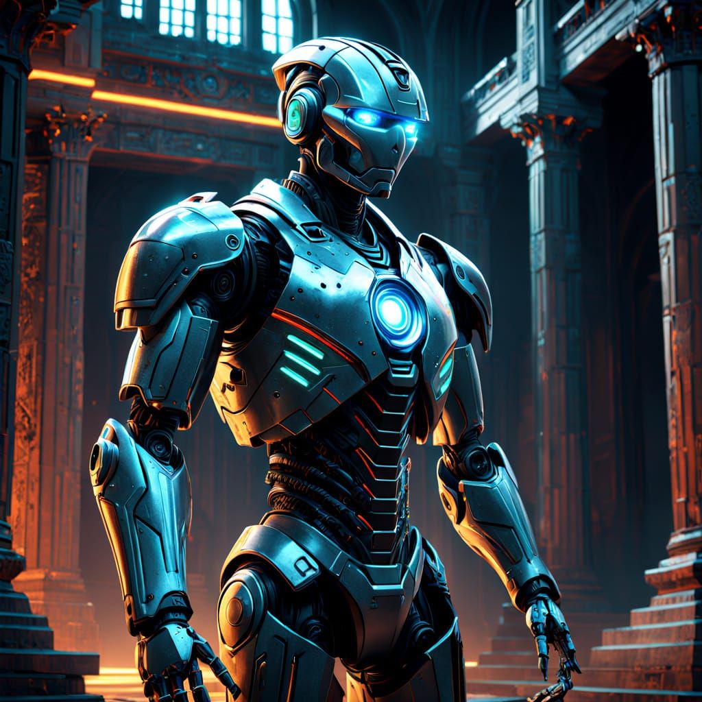 Cyberpunk Robot Stands in Ancient Temple