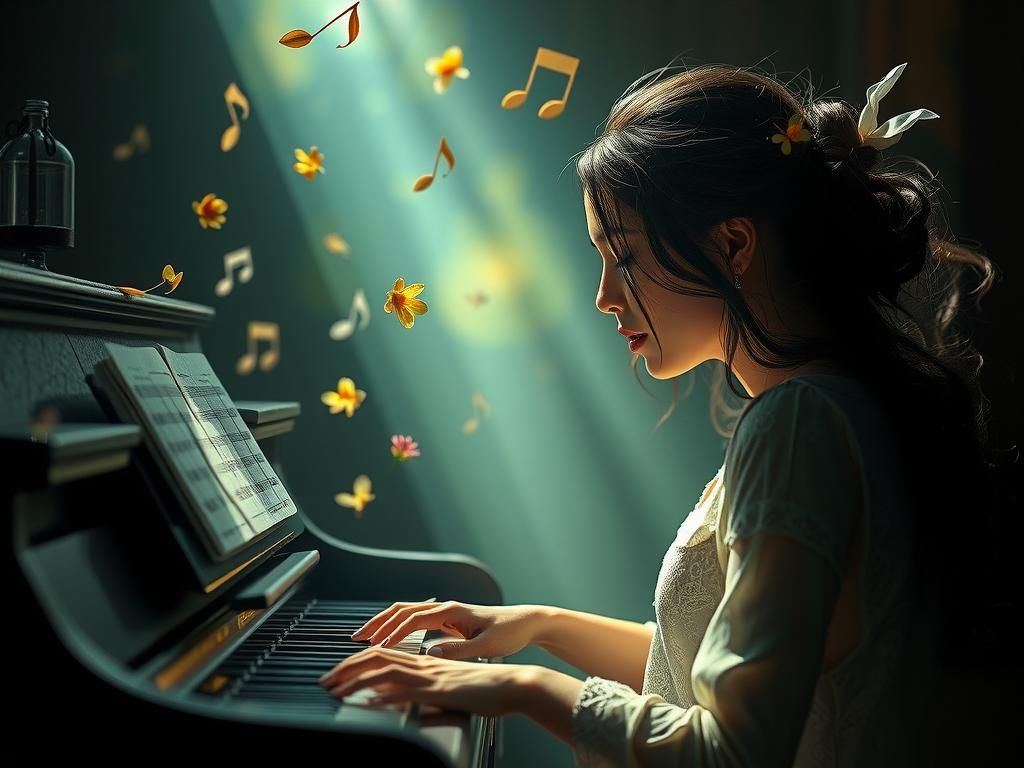 Woman at Piano with Glass Floral Music Notes