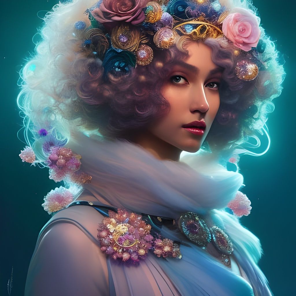 Ethereal Queen Portrait with Crystals, Art Nouveau Style