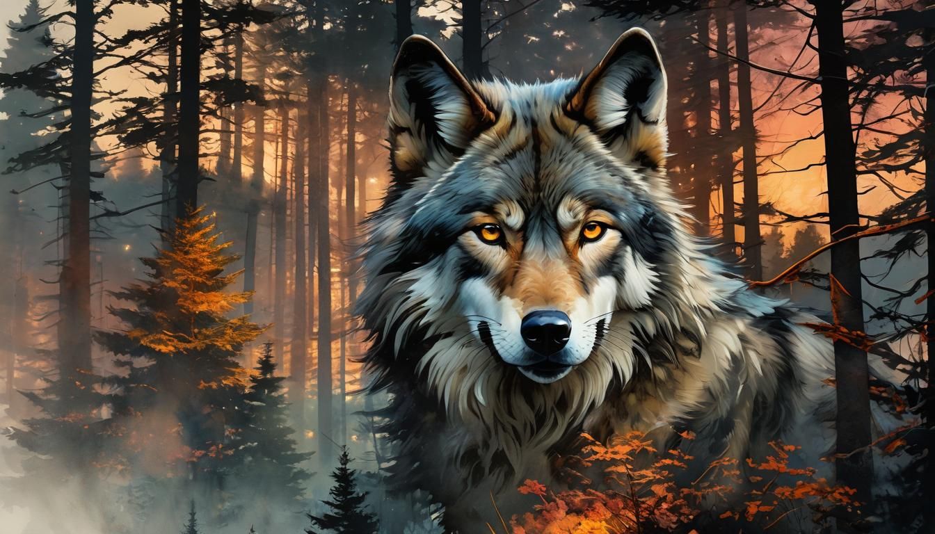 Wolf in the forest, sunset