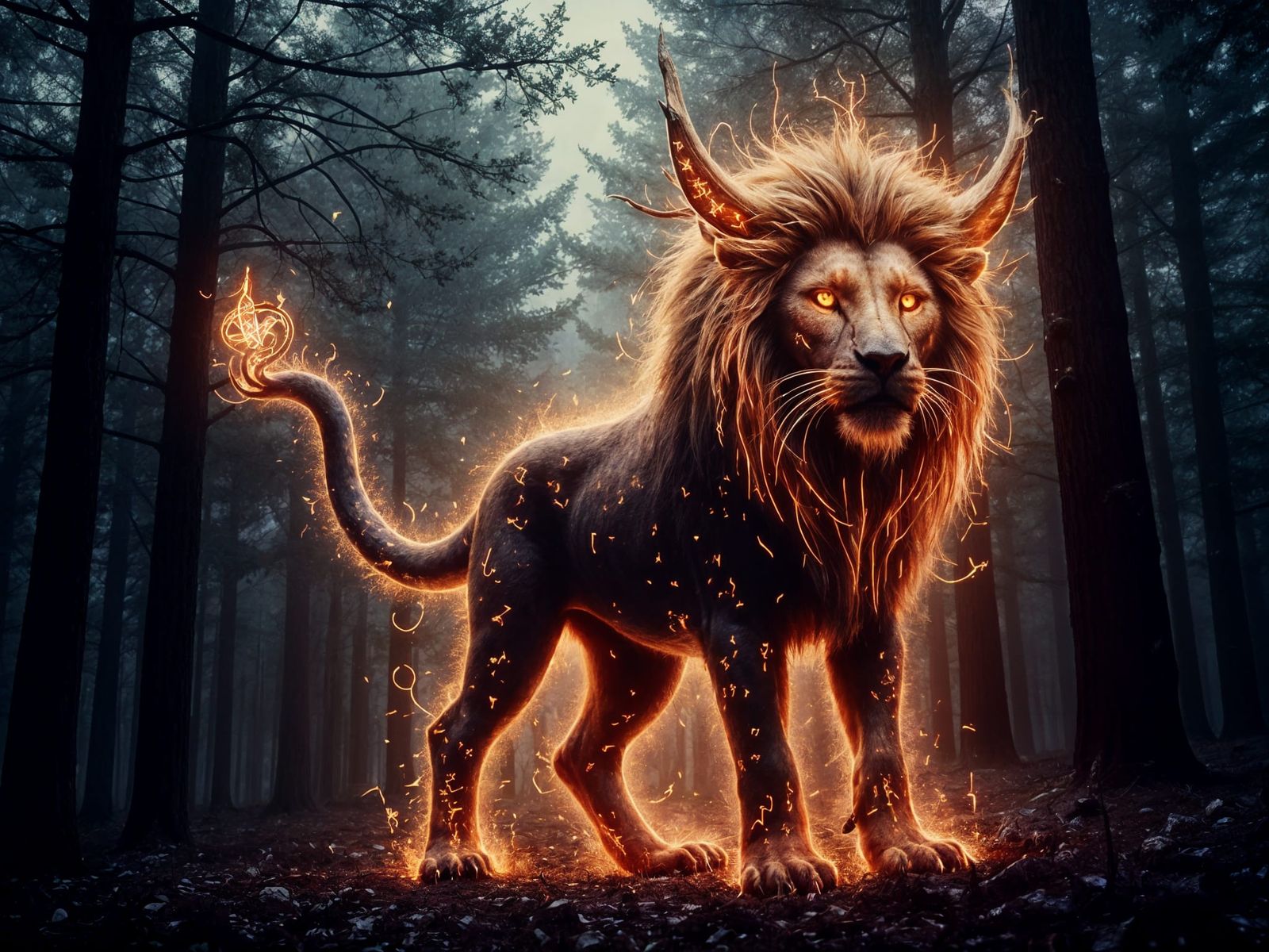 Regal Lion Illuminated by Ancient Runes in a Dark Forest