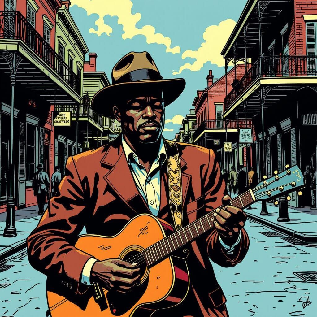 Bluesman on New Orleans Streets in Retro Comic Style