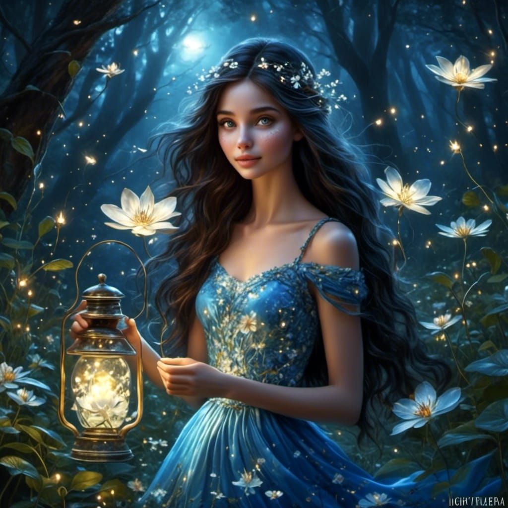 Woman with Lantern in Mysterious Forest at Night