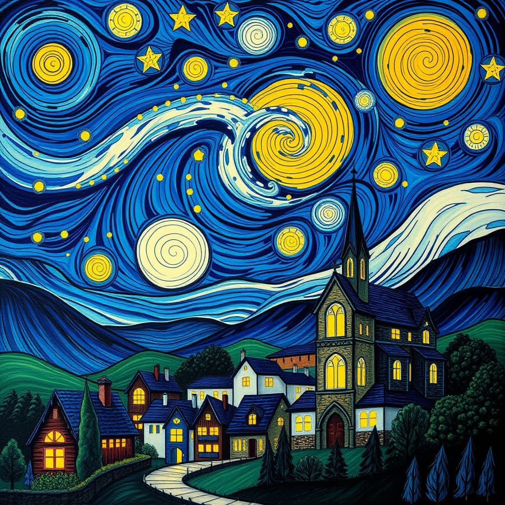 Dreamy Starry Night Village in Impressionist Style