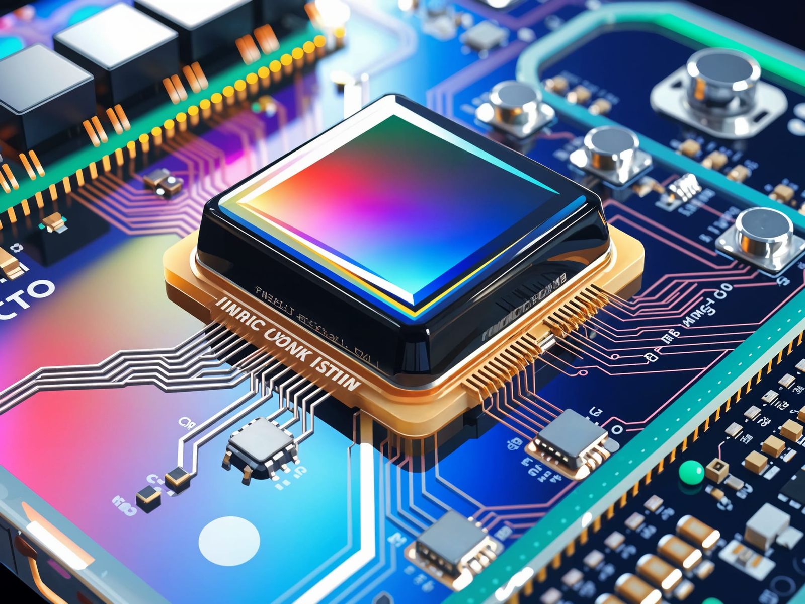 Glass PCB Board Radiates Rainbow Light: 3D Render