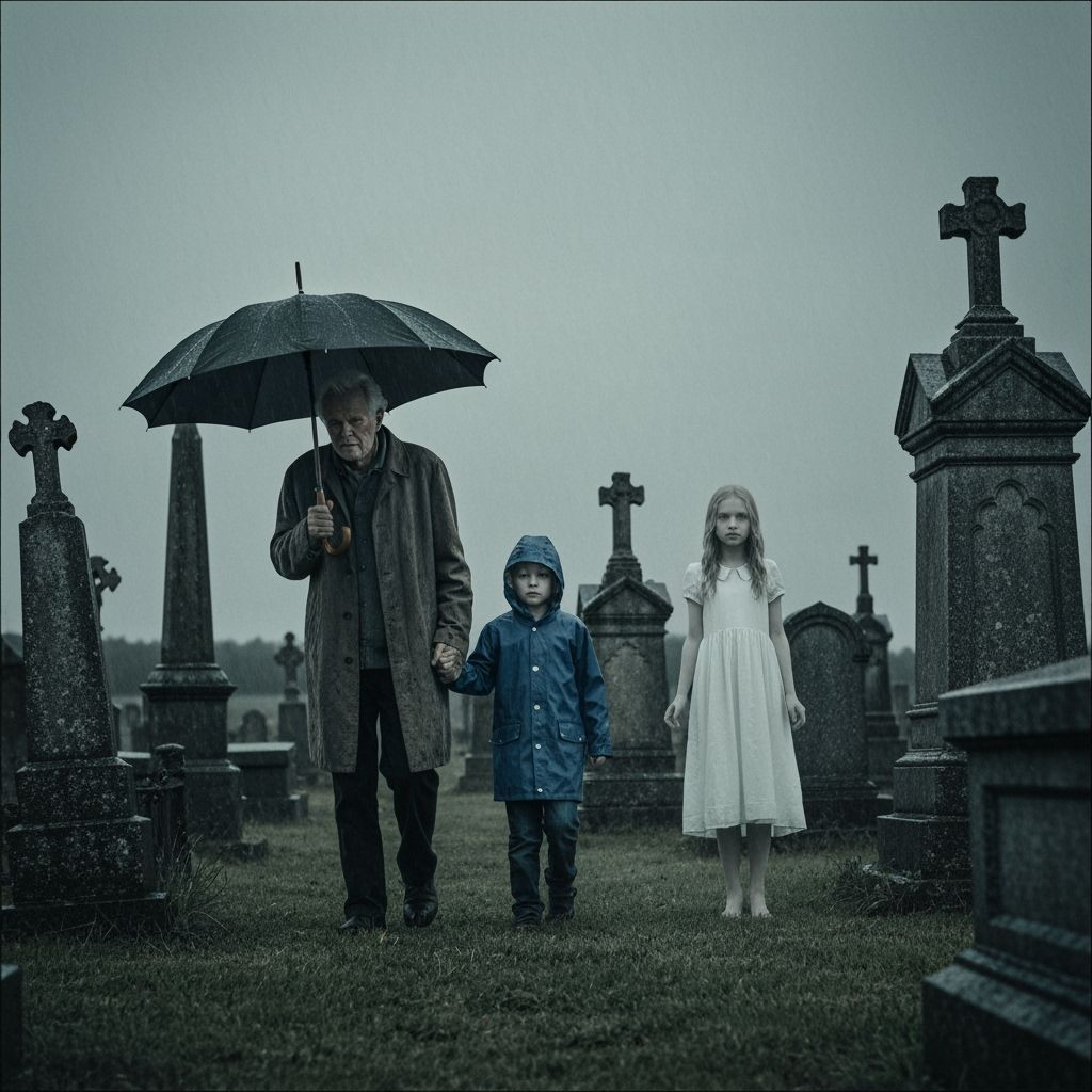 Man and Boy in Rainy Cemetery with Ghost